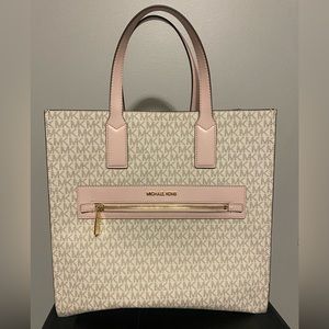 Michael Kors white/tan purse with pink trim